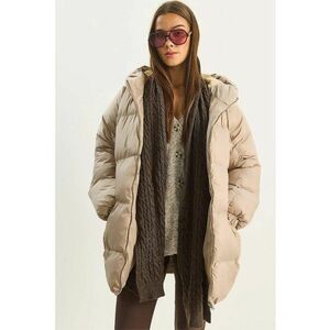Geaca Puffer groasa supradimensionata cu gluga bej natural - textil - imagine