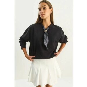 Hanorac dama guler rotund - detaliu accesoriu imprimat - negru - textil imagine