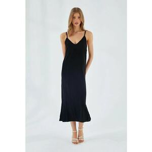 Rochie midi - decolteu in V - slit - negru - textil imagine
