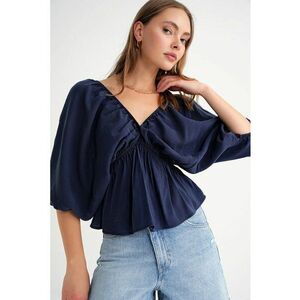 dama - bluza cu decolteu in V si volane - albastru marin - textil - Albastru marin imagine