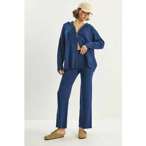 Set cardigan si pantaloni guler cu fermoar - talie inalta - albastru marin - tricot - imagine