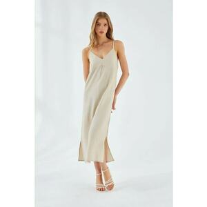 Rochie Midi - Decolteu in V - Slit - Stone Natural - Textil imagine