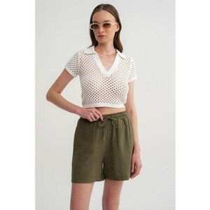 Pantaloni scurti dama - bumbac texturat - verde kaki - talie inalta imagine