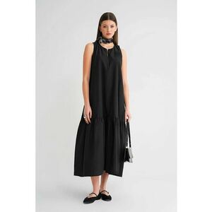 Rochie Maxi - cu guler si detalii volane - negru - textil imagine