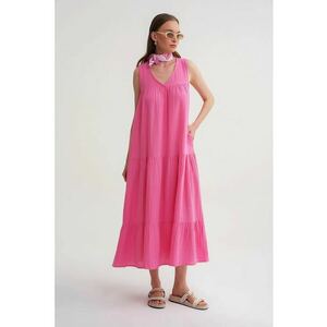 Rochie Midi - fara maneci - decolteu in V - roz aprins - bumbac imagine