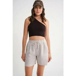 Pantaloni scurti dama - cu talie inalta - dungi - maro cafea/alb - textil imagine
