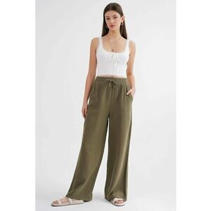 Pantaloni dama - talie inalta - textil - verde kaki - muselina texturata imagine