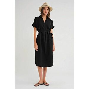 Rochie midi - maneca scurta - curea - negru - fabrica sintetica imagine