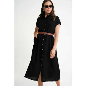 Rochie midi - detalii curea - guler cu nasturi - negru - textil imagine