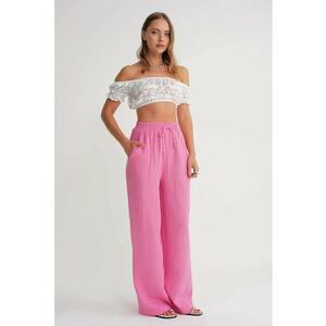 Pantaloni dama - talie inalta - textil - roz muselina texturata - Roz pudrat imagine