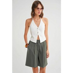 Pantaloni scurti dama - talie inalta - buzunare cu nasturi - verde kaki - textil imagine