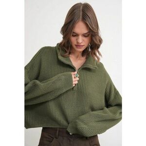 Pulover dama - guler texturat - maneca lunga - kaki - tricot - imagine