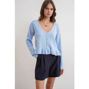 Pulover dama - Tricot - Albastru deschis - Decolteu in V - imagine