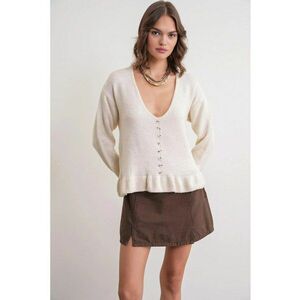 Pulover dama - Decolteu in V - Crem - Tricot - imagine