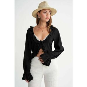 Bluza dama - bluza scurta cu volane - decolteu in V - maneci lungi - negru - textil imagine