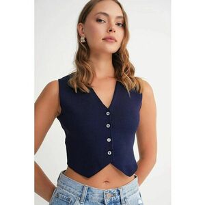 Vesta dama - Scurta - Decolteu in V - Albastru marin - Tricot - imagine