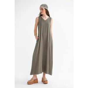 Rochie Maxi - Fara Maneci - Guler in V - Gri - Textil imagine