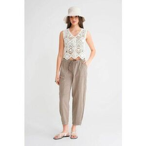 Pantaloni dama - jogger din bumbac - talie cu snur - bej - imagine