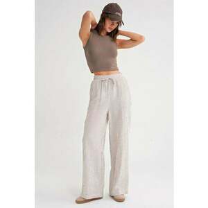 Pantaloni dama - cu snur - dungi - alb/maro cafea - textil imagine