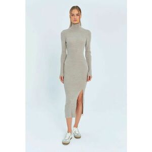 Rochii - Rochie tricotata midi cu guler si slit - Stone Natural - tricot imagine