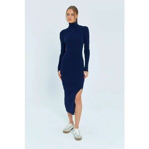 Rochie tricotata - midi cu guler inalt - albastru marin - tricot imagine