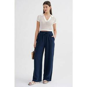 Pantaloni dama - textil - talie inalta - muselina texturata - 65875 - Albastru marin imagine