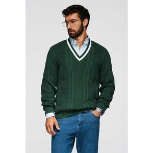 Pulover cu decolteu in V si model torsade - Alb/Verde imagine