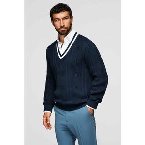 Pulover cu decolteu in V si model torsade - Alb/Bleumarin imagine