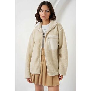 Jacheta dama supradimensionat - detalii de buzunar - crema naturala - textil imagine