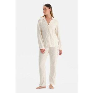 Pijama lunga cu talie inalta si model floral - Crem imagine