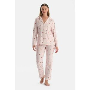 Pijama lunga cu model si talie inalta - Roz pal imagine