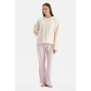 Pijama din teddycu model si maneci cazute - Roz deschis/Crem imagine