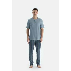 Pijama de bumbac cu dungi - Albastru prafuit imagine
