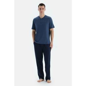 Pijama lejera de bumbac cu decolteu la baza gatului - Albastru inchis imagine