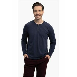 Tricou cu maneca lunga barbati L-Charl - cu decolteu cu nasturi - regular fit - bleumarin - Albastru marin/Bleumarin melange/Bleumarin imagine