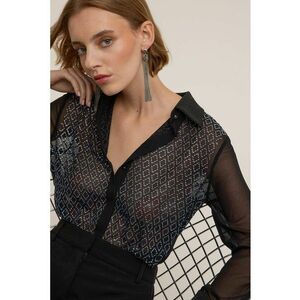 Camasa semitransparenta decorata cu strasuri - Negru stins/Albastru azur/Argintiu imagine