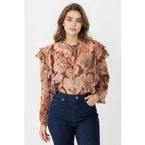 Bluza cu model paisley si volane - Maro deschis imagine