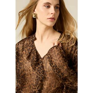 Bluza lejera cu animal print si volane - Negru stins/Caramel imagine