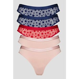 Set de chiloti tanga cu model - 5 perechi - Albastru inchis/Rosu vermillion/Roz prafuit imagine