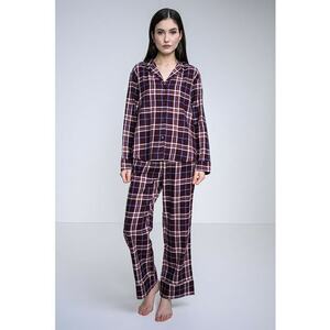 Pijama cu pantaloni lungi si model in carouri - Visiniu/Albastru deschis imagine
