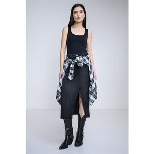 Fusta midi din denim cu slit frontal Goja - Negru imagine