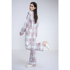 Set de pijama cu pantaloni lungi - model in carouri si papuci - Visiniu/Albastru inchis/Alb murdar imagine