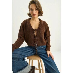 Pulover dama - cardigan lung supradimensionat - decolteu in V - inchidere cu siret - maro - tricot - One Size imagine