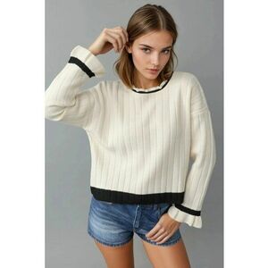 Pulover tricotat - dungi - guler rotund - crem - tricot - One Size imagine