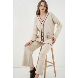Set tricotat cardigan cu decolteu in V - detalii cu buzunare - pantaloni largi - Ivory Natural - tricot - imagine