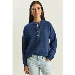 Pulover tricotat - guler cu nasturi - albastru oxford - tricot - One Size imagine