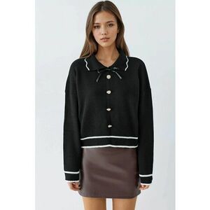 Pulover dama - tricotat - guler polo - detalii cu panglica - negru - tricot - One Size imagine