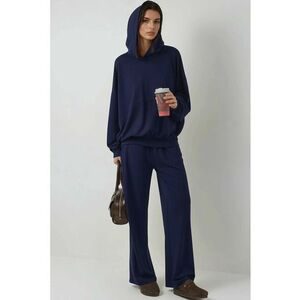 Set coordonat din doua piese - pulover cu gluga - pantaloni largi - albastru marin - tricot gros imagine