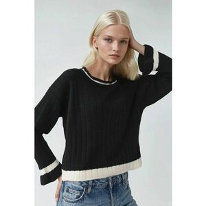 Pulover tricotat - dungi - guler rotund - negru - tricot - One Size imagine