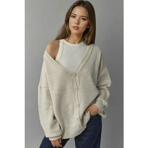 Pulover dama - cardigan supradimensionat - decolteu in V - bej - tricot - One Size imagine